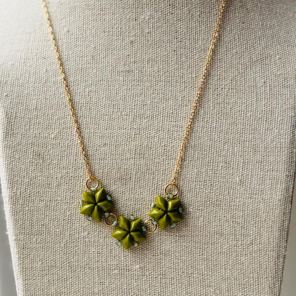 Handmade Olive and Sky Star Necklace with Gold-filled chain